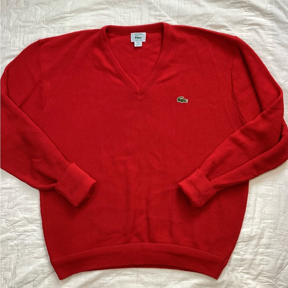 Vtg Mens Izod Lacoste USA Red Knit V-Neck‎ Sweater XL